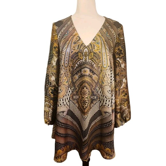 Lavender Brown Artsy Minidress Womens XS Boho Lavender Batik Print Blouson Shift - Picture 2 of 9